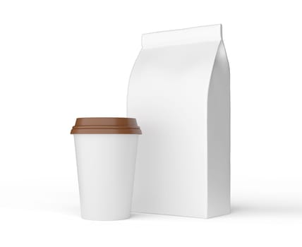 coffee bag and cup isolated on white. coffee package mock up. 3d illustration