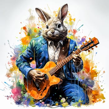 Rabbit in beautiful costume playing acoustic guitar, watercolor background, AI generation