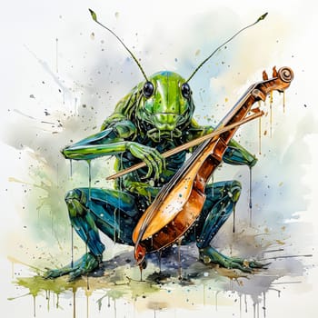 Grasshopper playing the violin against the background of colored streaks of paint, AI generation