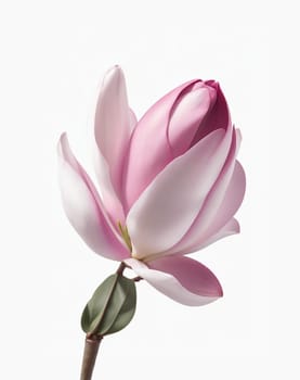Pink blooming magnolia tree elements design. Bloom flowers branch on white, magnolia tree blossom, pink petals, buds