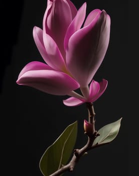 Pink blooming magnolia tree elements design. Bloom flowers branch on black, magnolia tree blossom, pink petals, buds. Vector illustration