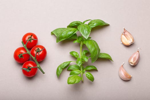 Branch of fresh cherry tomatoes, basil branch and garlic cloves on minimalistic gray clean background, overhead shot. Food ingredients