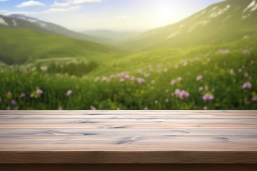 Emty brown wooden tabletop over against the backdrop green mountains and pink flowers. Montage style to dispaly the product.Ai generative