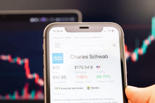 Charles Schwab stock price on the screen of cell phone in mans hand with changing stock market exchange with trading candlestick graph analysis, February 2022, San Francisco, USA
