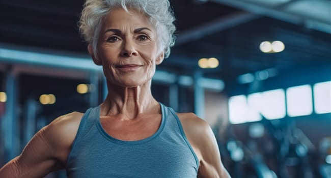 fitness senior woman in gym, concept of healthy lifestyle in advanced age, made with Generative AI. High quality illustration