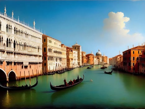 Capture the tranquil beauty of gondolas gracefully gliding along the iconic Grand Canal in Venice, Italy. This AI-generated view paints a mesmerizing portrait of the city's timeless charm, showcasing the elegant gondolas navigating the picturesque waterway with the magnificent Rialto Bridge in the backdrop. Immerse yourself in the serenity of this scene, where the gentle ripples of the canal mirror the vibrant colors of the Venetian architecture, creating a truly enchanting composition.