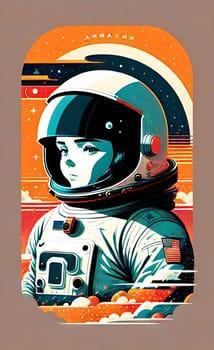 Artistic bright poster on the wall for printing in large format. Astronaut in a spacesuit. AI generated