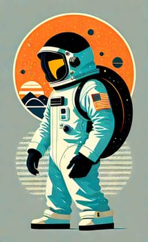 Artistic bright poster on the wall for printing in large format. Astronaut in a spacesuit. AI generated