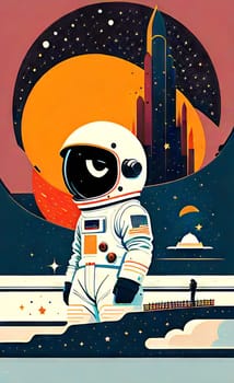 Artistic bright poster on the wall for printing in large format. Astronaut in a spacesuit. AI generated