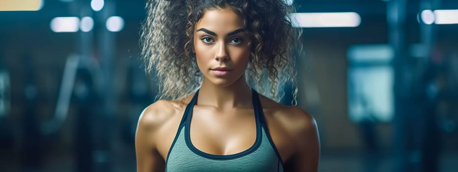 young athletic fit woman in the gym, banner made with Generative AI. High quality illustration