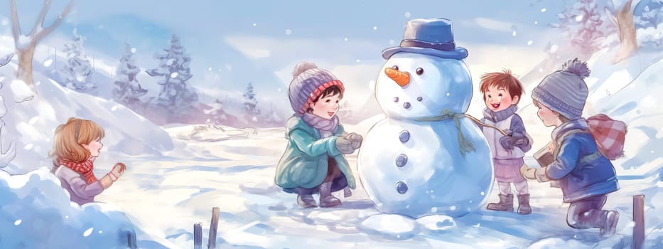 snowman in winter landscape, children enjoy Christmas holidays, banner made with Generative AI. High quality illustration