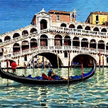 Gondolas gracefully navigate the picturesque Grand Canal, with the famous Rialto Bridge serving as a stunning backdrop. This AI-generated painting captures the essence of Venice, Italy, as it portrays a gondola gliding through the tranquil waters. The artist's brushstrokes bring to life the iconic scene, showcasing the unique architecture and the timeless charm of this enchanting city.