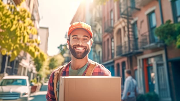 Smiling delivery man holding cardbox parcel box looking at camera blurred street background. Generative ai