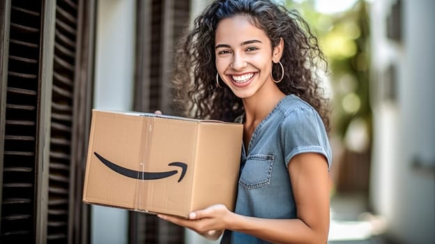 Smiling woman holding Amazon Prime cardboard parcel box against front door house entrance. Black Friday sale. Online shopping. Generative ai