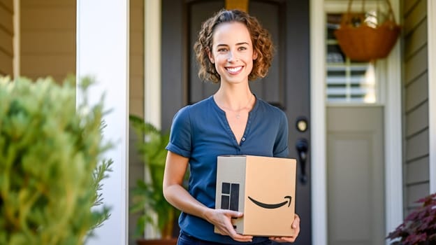 Smiling woman holding Amazon Prime cardboard parcel box against front door house entrance. Black Friday sale. Online shopping. Generative ai