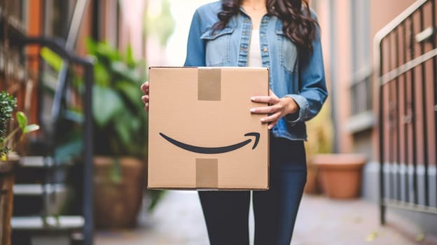 Smiling woman holding Amazon Prime cardboard parcel box against front door house entrance. Black Friday sale. Online shopping. Generative ai
