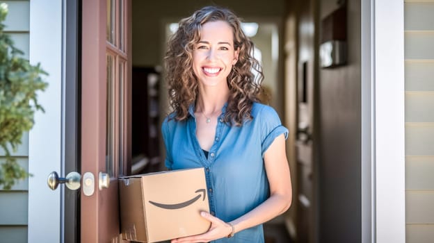 Smiling woman holding Amazon Prime cardboard parcel box against front door house entrance. Black Friday sale. Online shopping. Generative ai