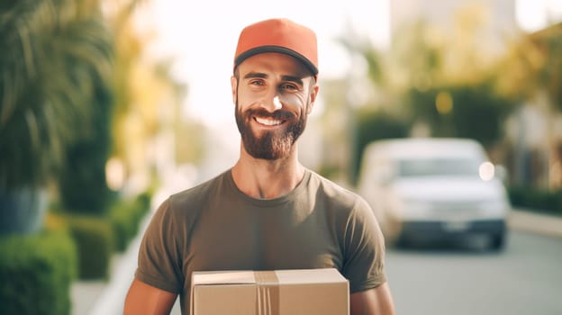 Smiling delivery man holding cardbox parcel box looking at camera blurred street background. Generative ai