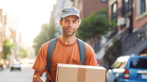 Smiling delivery man holding cardbox parcel box looking at camera blurred street background. Generative ai