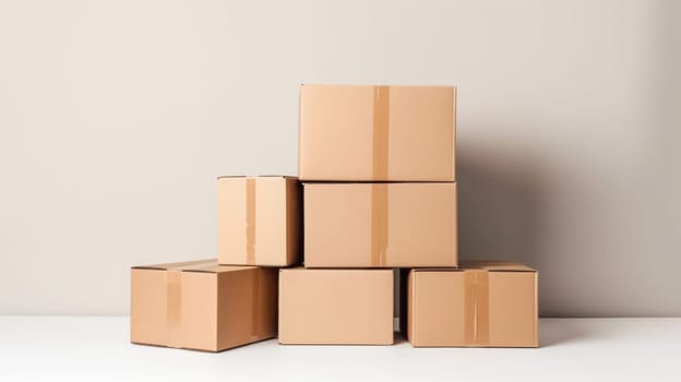 Pile of cardboard boxes packages on white background. Generative Ai