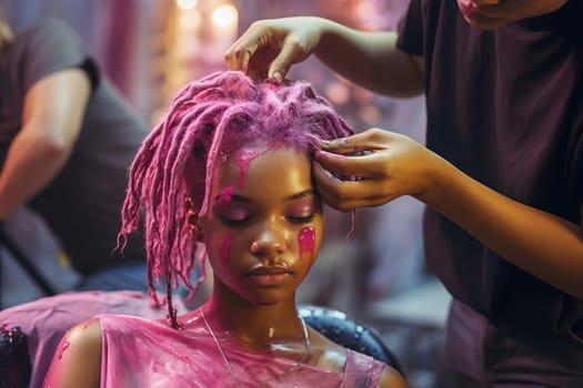 Young African American woman gets her hair dyed pink in a salon. Generative AI. High quality illustration