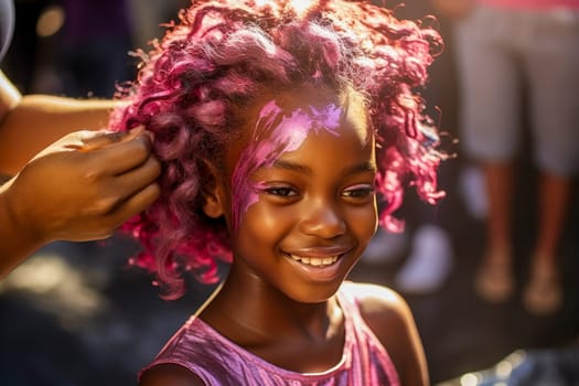 Young African American woman gets her hair dyed pink in a salon. Generative AI. High quality illustration