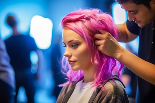 Beautiful girl with pink hair at the hairdresser. Generative AI. High quality illustration