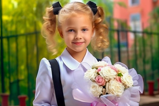 Portrait of a first-grader with a bouquet of flowers. Generative AI. High quality illustration