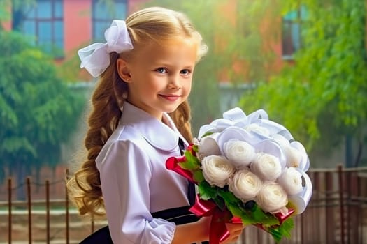 Portrait of a first-grader with a bouquet of flowers. Generative AI. High quality illustration