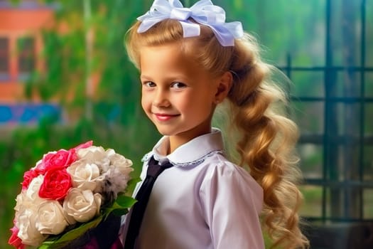 Portrait of a first-grader with a bouquet of flowers. Generative AI. High quality illustration