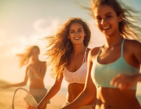 Girls play beach tennis. Generative AI. High quality illustration