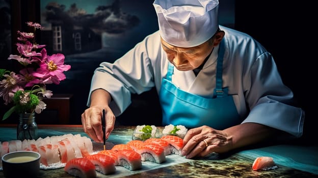 The chef prepares sushi, rolls in the restaurant. Generative AI. High quality illustration