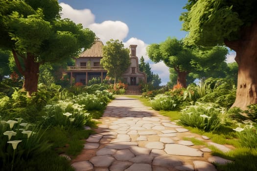 Clinker brick path to the house, landscaping. Generative AI. High quality illustration