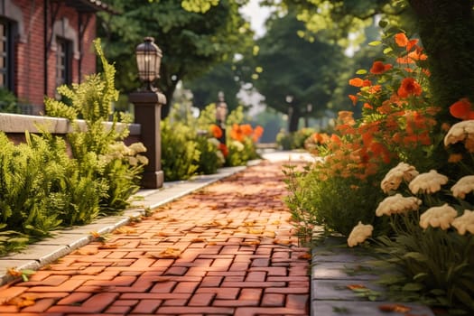 Clinker brick path to the house, landscaping. Generative AI. High quality illustration