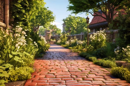 Clinker brick path to the house, landscaping. Generative AI. High quality illustration