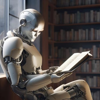 A robot reads a book. The concept of machine learning