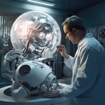 A man in a white doctor's coat treats a robot