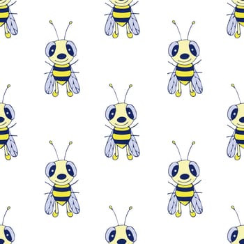 Cute Bee Seamless Pattern. Hand Drawn Digital Paper with Hand Drawn Wasp Illustration. Wallpaper with Cute Colorful Bumble Bee on White Background.