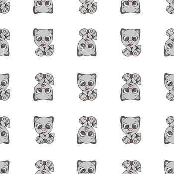 Cute Cats Seamless Pattern. Hand Drawn Digital Paper with Kittens Illustration. Wallpaper with Cute Gray Cat on White Background.