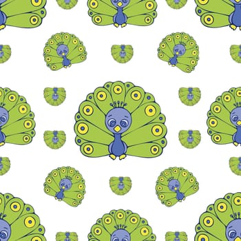 Cute Hand Drawn Peacock Seamless Pattern. Hand Drawn Digital Paper with Colorful Peafowl Illustration. Wallpaper with Cute Hand-Drawn Bird on White Background.