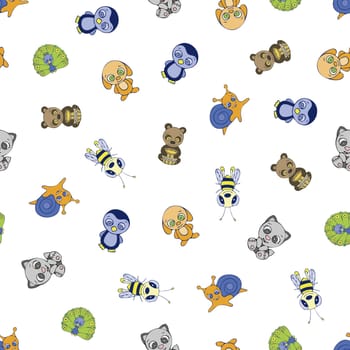 Cute Animals, Birds and Insects Seamless Pattern. Hand Drawn Digital Paper with Colorful Animals Illustration. Wallpaper with Cute Bear, Dog, Cat, Snail, Penguin, Bee and Peacock on White Background.