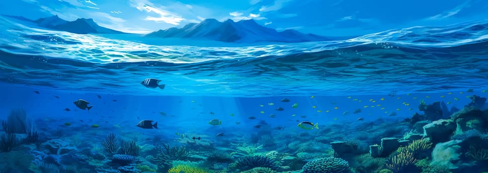 blue underwater and above water world with fish and coral reef, banner made with Generative AI. High quality illustration