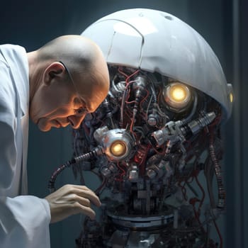 A man in a white doctor's coat treats a robot