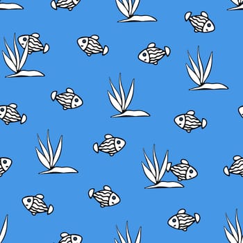 Small Fishes and Seaweeds Seamless Pattern. Background for Kids with Hand drawn Doodle Cute Fish and Sea Weed. Cartoon Sea Animals Simple Illustration.