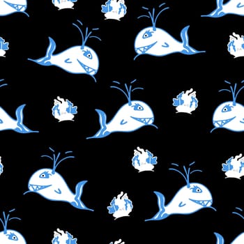 Whales and Corals Seamless Pattern. Background for Kids with Hand Drawn Doodle Cute Fish. Cartoon Sea Animals Simple Illustration.