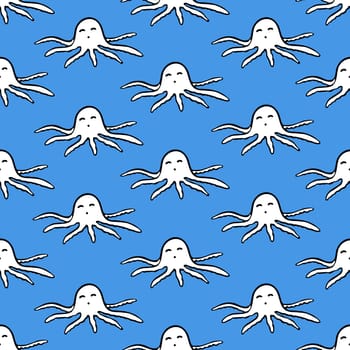 Octopus Seamless Pattern. Background for Kids with Hand Drawn Doodle Cute Octopus. Cartoon Sea Animals Simple Illustration.