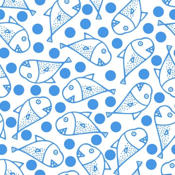 Whales Seamless Pattern. Background for Kids with Hand Drawn Doodle Cute Fish. Cartoon Sea Animals Simple Illustration.