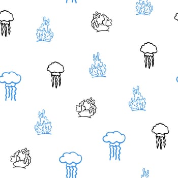 Small Fishes Seamless Pattern. Background for Kids with Hand Drawn Doodle Cute Jelly Fish and Coral. Cartoon Sea Animals Simple Illustration.