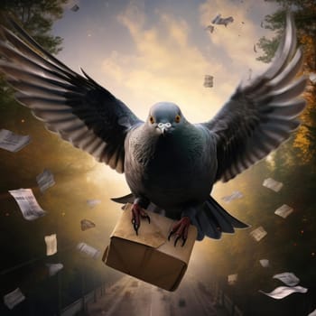 A pigeon flies with a parcel. Delivery concept