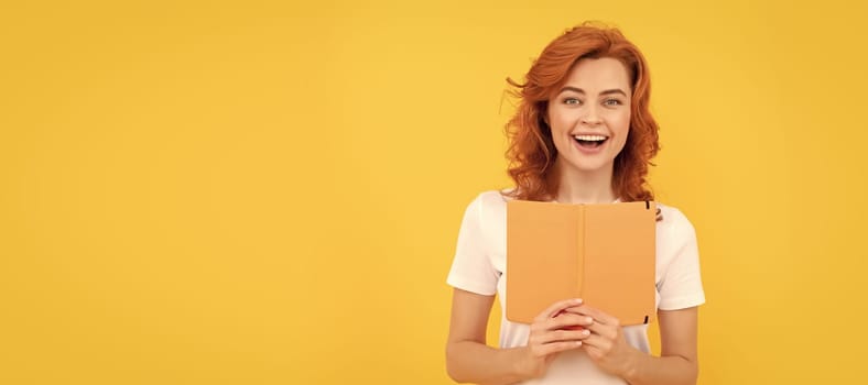 Student or female teacher with book. glad woman hold book on yellow background, knowledge. Woman isolated face portrait, banner with copy space